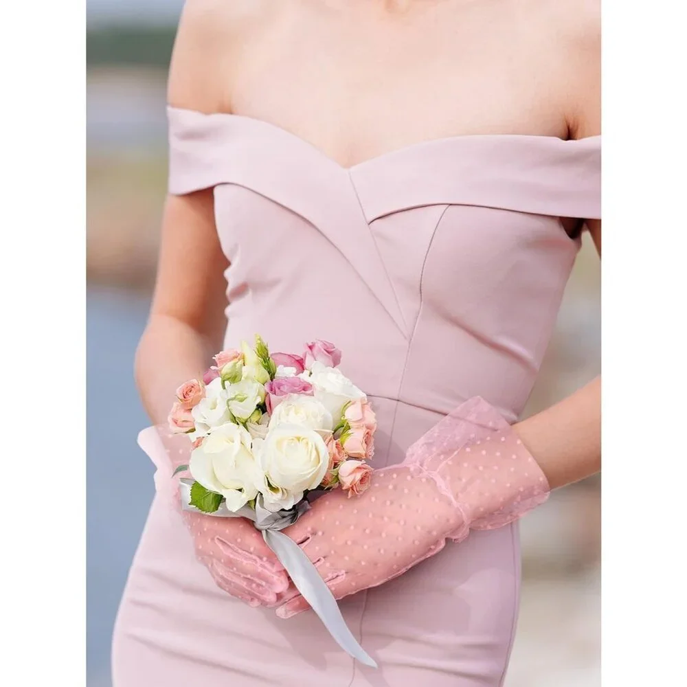Women's Evening Pink Elegant Polka Dot Mitten Lace Gloves Party Tea Accessories